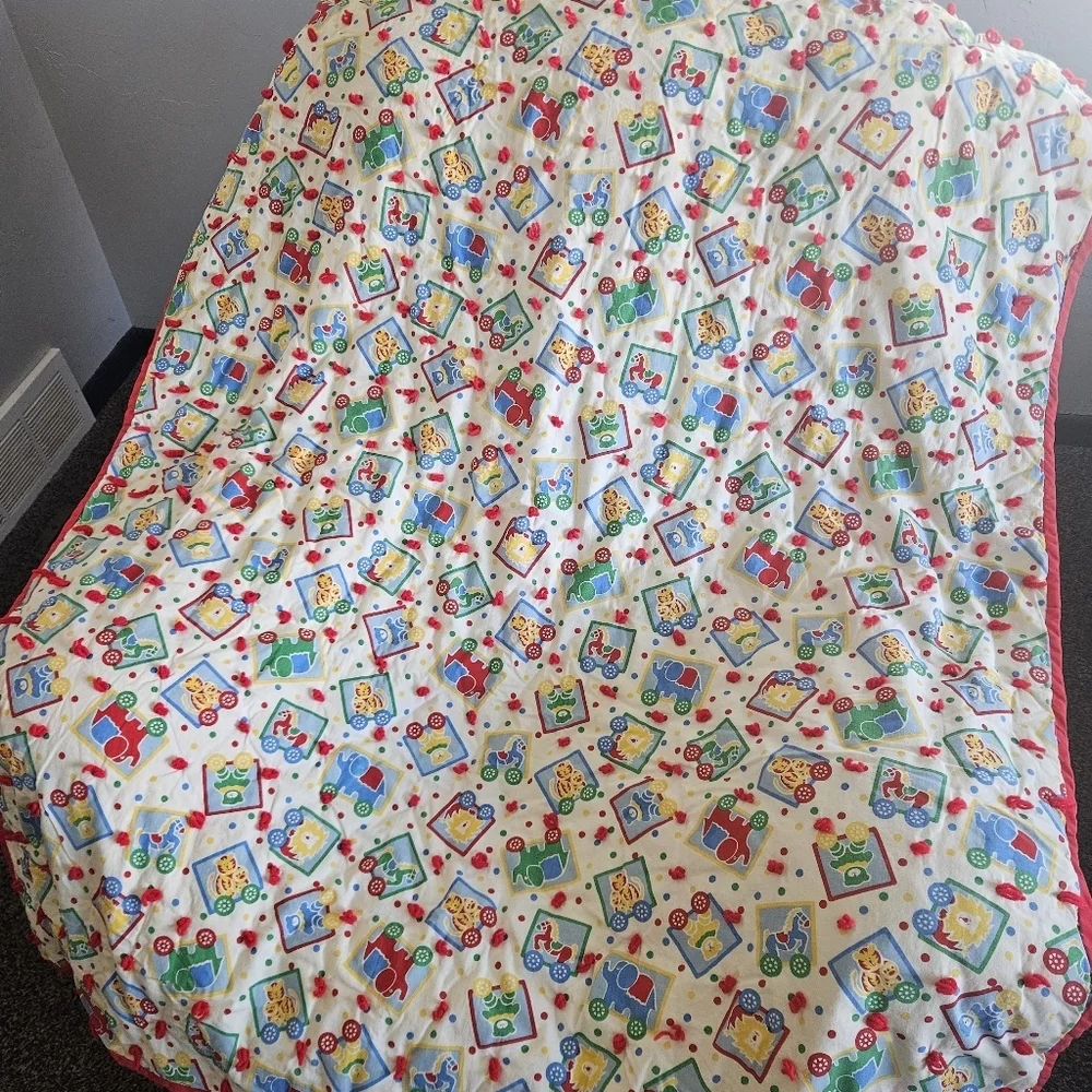 Vintage Baby Blanket Colorful Patterned Quilt Red Yellow Blue Polka Dot Animals